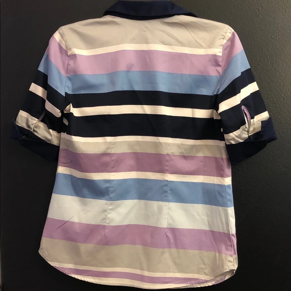 NY&C Cuff-Sleeve Striped Button-Up in Navy, Lavender, Light Blue - Picture 2 of 5